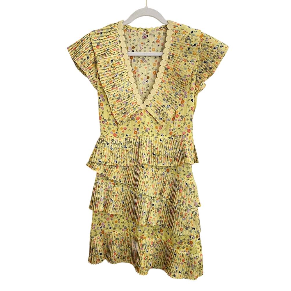 CELIA B Tuckernuck Pleated Ric Rac Yellow Floral Mini Dress XS Celiab